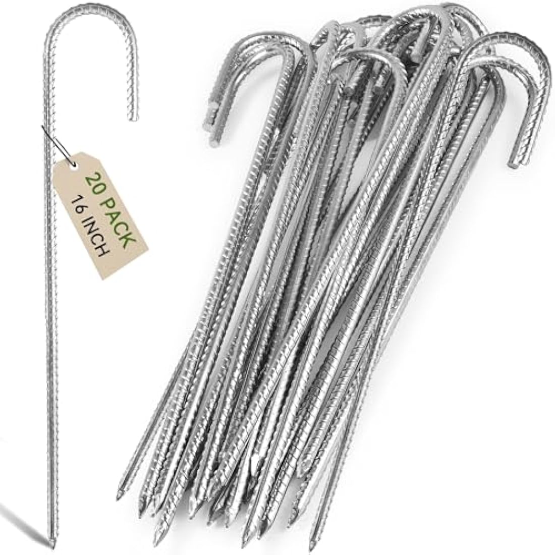 Graxury 20Packs 16inch Heavy Duty Trampoline Tents Anchor Ground Pegs - Galvanized Steel Rust-Proof J Hook Rebar Stakes Fit Trampolines Camp Garden Shed Swings with Chisel Point End