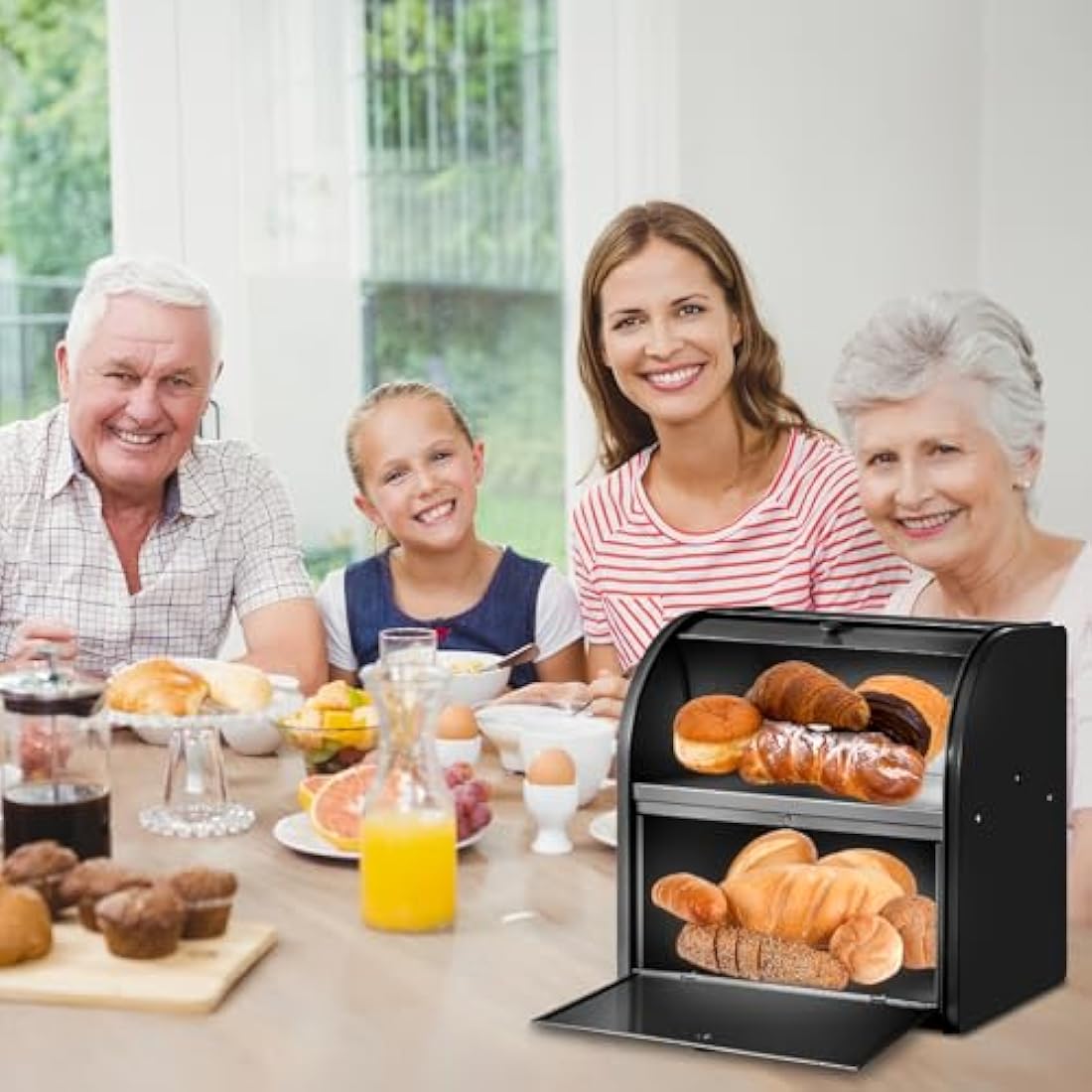 Dyserbuy 2-Layer Bread Bin, Bread Bins for Kitchen, Large Bread Box with Roll Top Lid, Metal Bread Container, Storage Bin for Fresh Loaves, Cookies, Pastries 30 x 25 x 33 cm (Black)