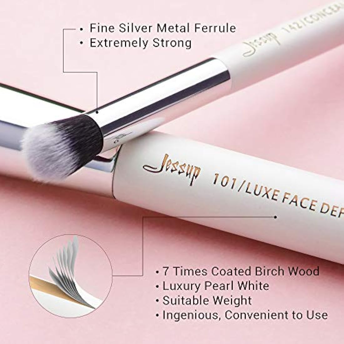 Jessup Brand 25pcs Professional Makeup Brush Set Beauty Cosmetic Foundation Powder Blush Blending Eyeshadow Concealer Highlighter Natural-Synthetic Hair Brushes (Peal White/Silver) T235