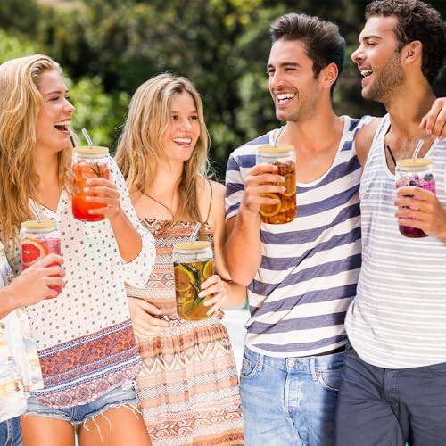 Finew [12 Packs] Drinking Glasses with Bamboo Lids and Glass Straws, 16oz Iced Coffee Cup, Can Shaped Glass Cups, Smoothie Cup, Glasses Tumbler for