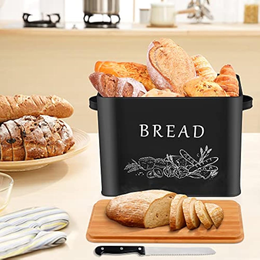 Herogo Bread Bin, Metal Bread Box with Wooden Lid for Cutting Loaf Board, Extra Large Loaf Holder Holds 2 Loaves, Space Saving Storage for Kitchen Countertop, 33x18x24.5cm (Black)