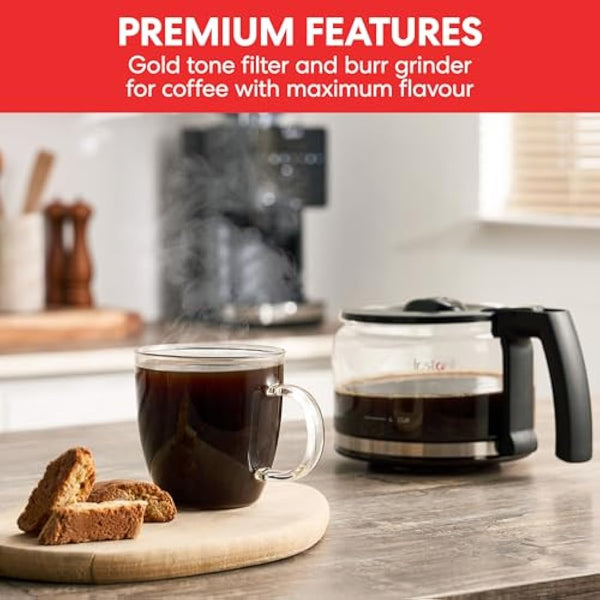 Instant Grind and Brew Bean to Cup Coffee Maker, 24 Hour Programmable Filter Coffee Machine, Reusable Filter, Glass Carafe, Digital Display - 4-10 cup Customisable Brewing & Automatic Bean Grinder