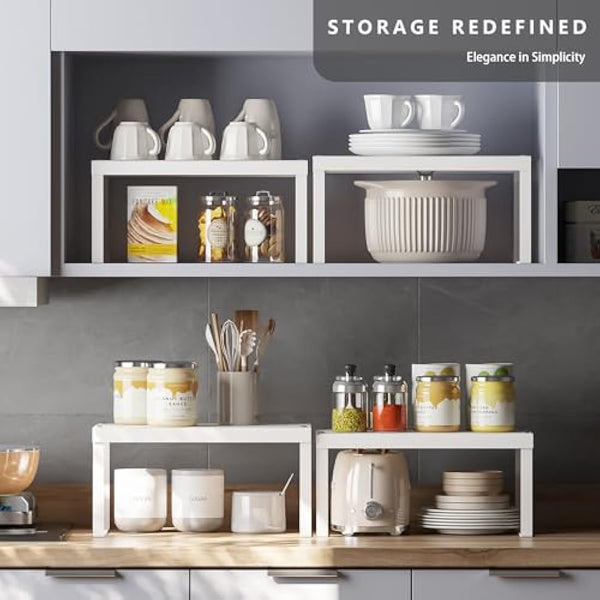 JEPEErbz Kitchen Cupboard Organiser, 4-Pack Cabinet Storage Shelf Organizer Rack, Metal Expandable Spice Holder, Stackable Storage Shelves for Cupboard, Shelf Insert, Countertop,Pantry (White)