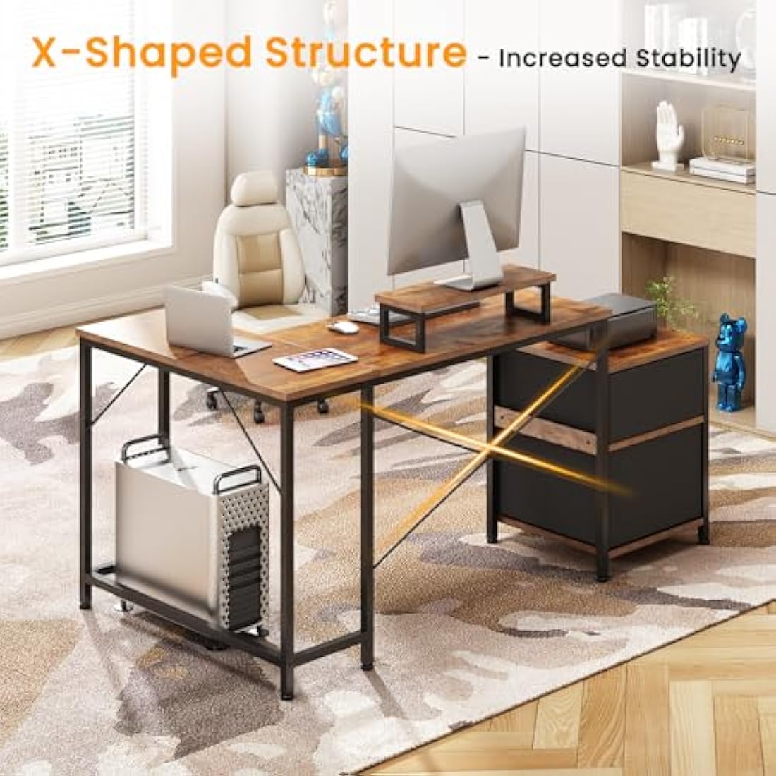 Dripex L Shaped Desk with Filing Drawer & Storage Drawer Compact Corner Desk with Monitor Stand Reversible Computer Desk for Home Office Bedroom Small Space