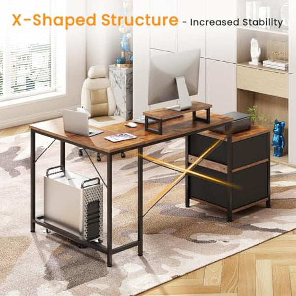 Dripex L Shaped Desk with Filing Drawer & Storage Drawer Compact Corner Desk with Monitor Stand Reversible Computer Desk for Home Office Bedroom Small Space