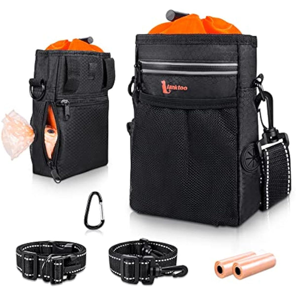 lanktoo Dog Treat Pouch Bag with Poop Bag Holder, Waterproof Puppy Training Walking Bag W/Shoulder Strap, Waist Belt and Clip, Easily Carrying Dog Toys, Food (Black+Orange)
