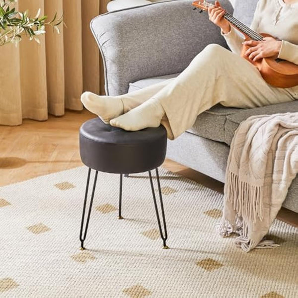 IBUYKE Faux Leather Round Footrest Stool, Makeup Vanity Stool Side Table, PU Dressing Table Seat, Pouf Couch Stool, Golden Steel Legs, Black L/G-31B