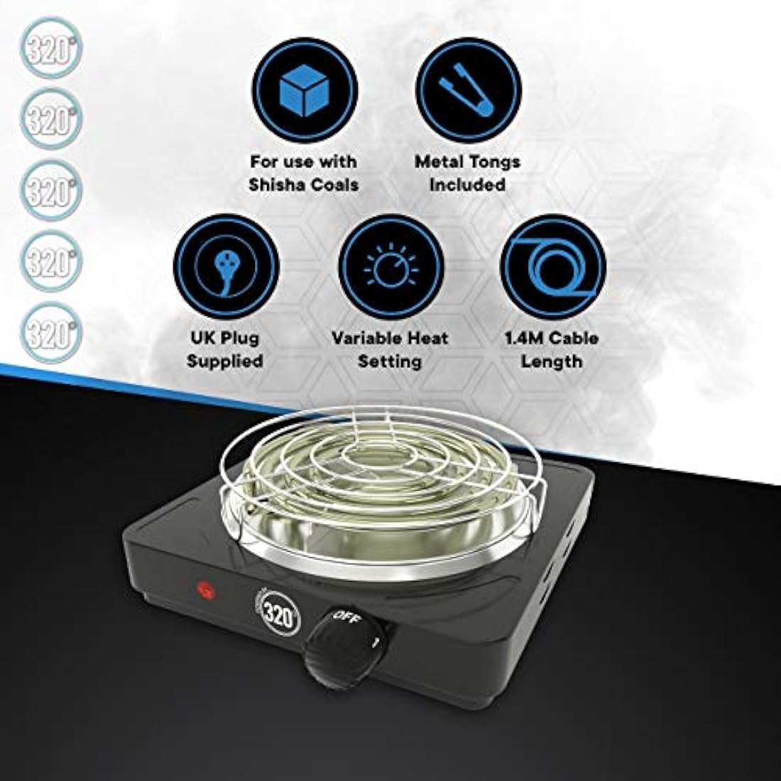 320º Electric Charcoal Burner for Coconut Coal Coil Stove - FULL WARRANTY - Includes Grid & Tongs - 1.4m extra long braided cable