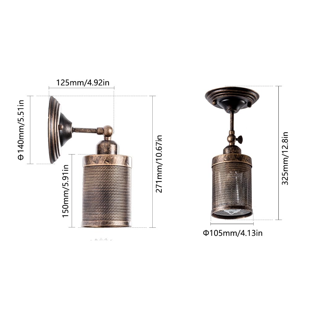 Industrial Wall Light 2 Pack, LULING Steampunk Metal Net Lampshade Interior Vintage Wall Lamp Adjustable Socket for Garage Gate Porch HallwayNO Bulb