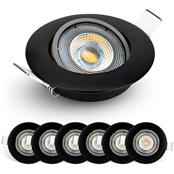 EMOS LED Spot Lights Ceiling Round 5W / 450lm, 6500K Cold White | 50° Tilt Swivel Recessed Ceiling Lights, Ultra Slim | Pack of 6 Recessed LED Downlights for Ceiling, Mains Powered, Black