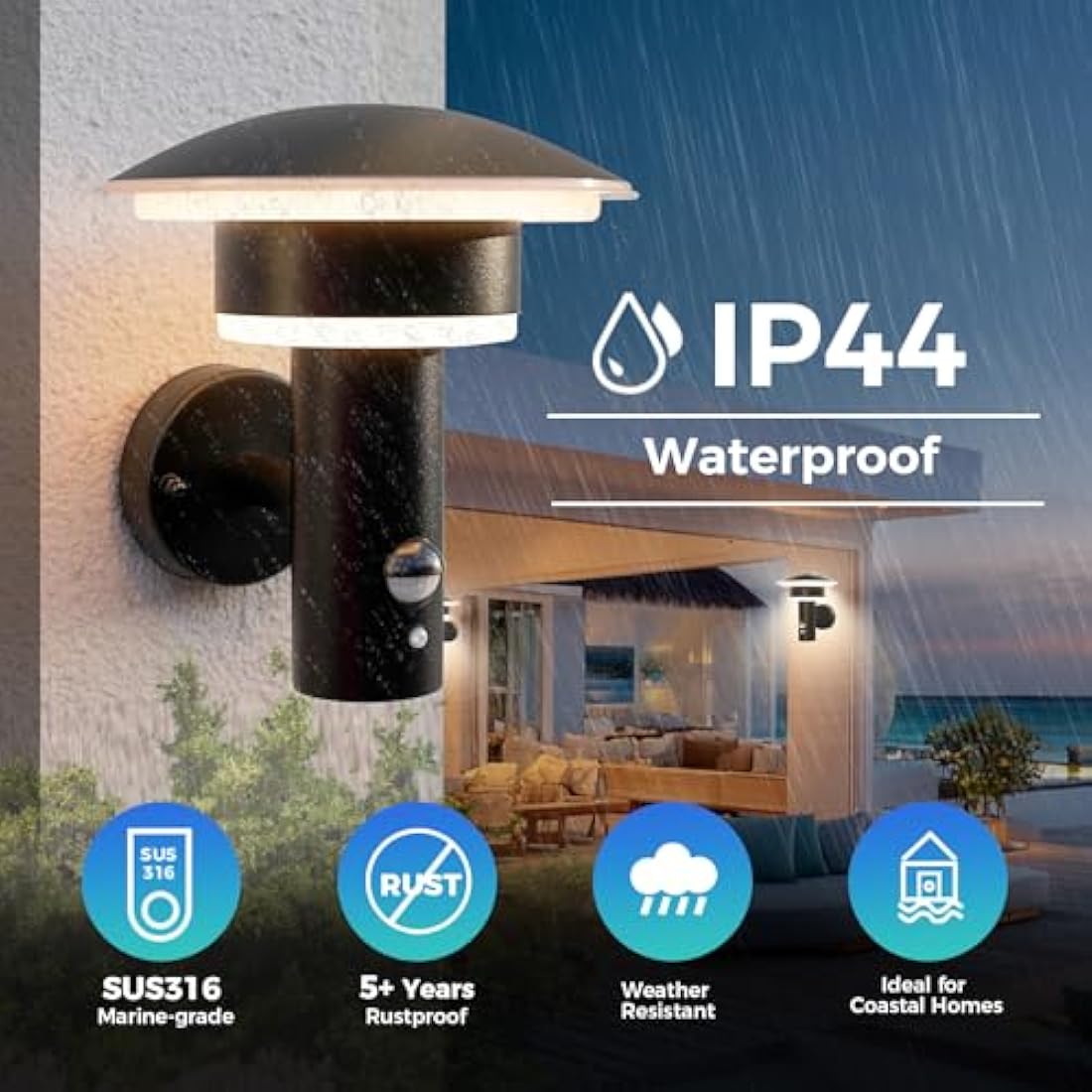 NBHANYUAN Lighting 4 Modes Outdoor LED Wall Light with Motion Sensor,SUS316 Stainless Steel Outside Lights Mains Powered PIR Weatherproof 3000K Warm White Light for Front Door,Porch IP44 1000LM