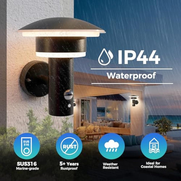 NBHANYUAN Lighting 4 Modes Outdoor LED Wall Light with Motion Sensor,SUS316 Stainless Steel Outside Lights Mains Powered PIR Weatherproof 3000K Warm White Light for Front Door,Porch IP44 1000LM