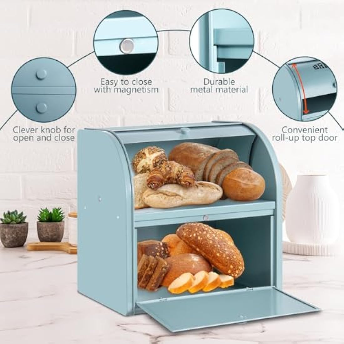 Dyserbuy Bread Bin, Bread Bins for Kitchen, Large Bread Box with Roll Top Lid, Double Metal Bread Container, Storage Bin for Fresh Loaves, Cookies, Pastries 30 x 25 x 33 cm (Green)