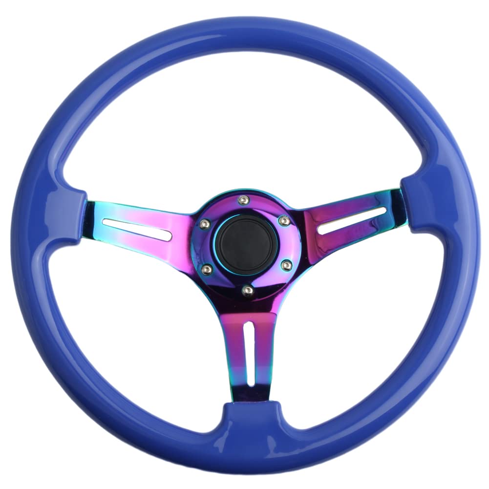 350mm Green Racing Steering Wheel Neo Chrome Spoke Universal 6 Bolts 45mm Deep Dish Classic ABS Wood Steering Wheel with Horn Button