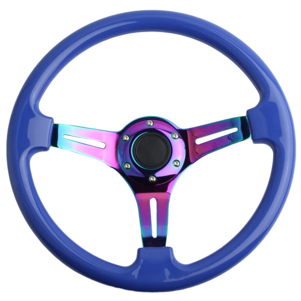 350mm Green Racing Steering Wheel Neo Chrome Spoke Universal 6 Bolts 45mm Deep Dish Classic ABS Wood Steering Wheel with Horn Button