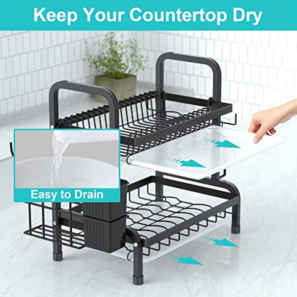 niffgaff 2 Tier Black Dish Drainer Rack, Stainless Steel Drying Rack Kitchen, Drainers Draining Board with Drip Tray, Rust Proof Large Washing Up Sink