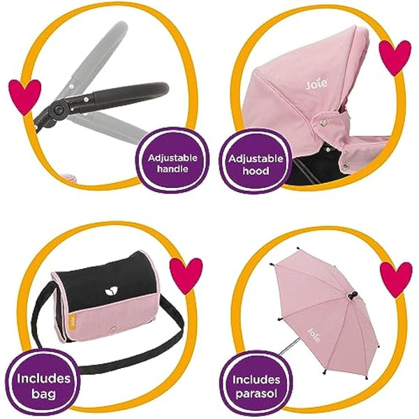 Joie Junior Classic Pram & Parasol Age 3+ | Toy Travel System with Changing Bag, Adjustable Hood & Storage | Pushchair & Pram Playset for Kids | My Girl Doll Accessories