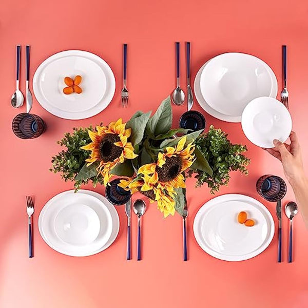 Karaca White Pure 24-Piece Glass Dinner Set for 6 People, Elegant Dinnerware, Heat-Resistant Tableware with Dinner Plates, Pasta, Cereal/Soup Bowls and Dessert/Side Plates