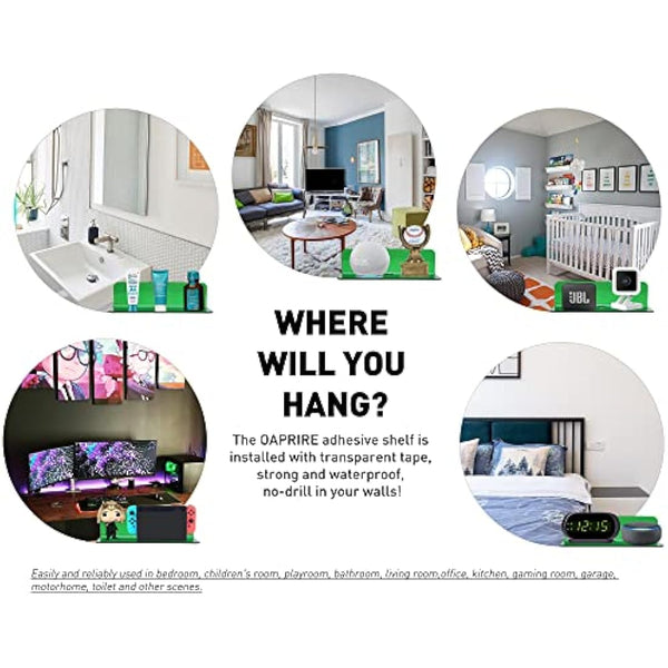 OAPRIRE Acrylic Floating Wall Shelves Set of 2 - Easily Expand Wall Space - Small Shelf for Bathroom, Bedroom, Kitchen, etc - with Cable Clip, Drill-free installation, 9 Inch - Emerald Green