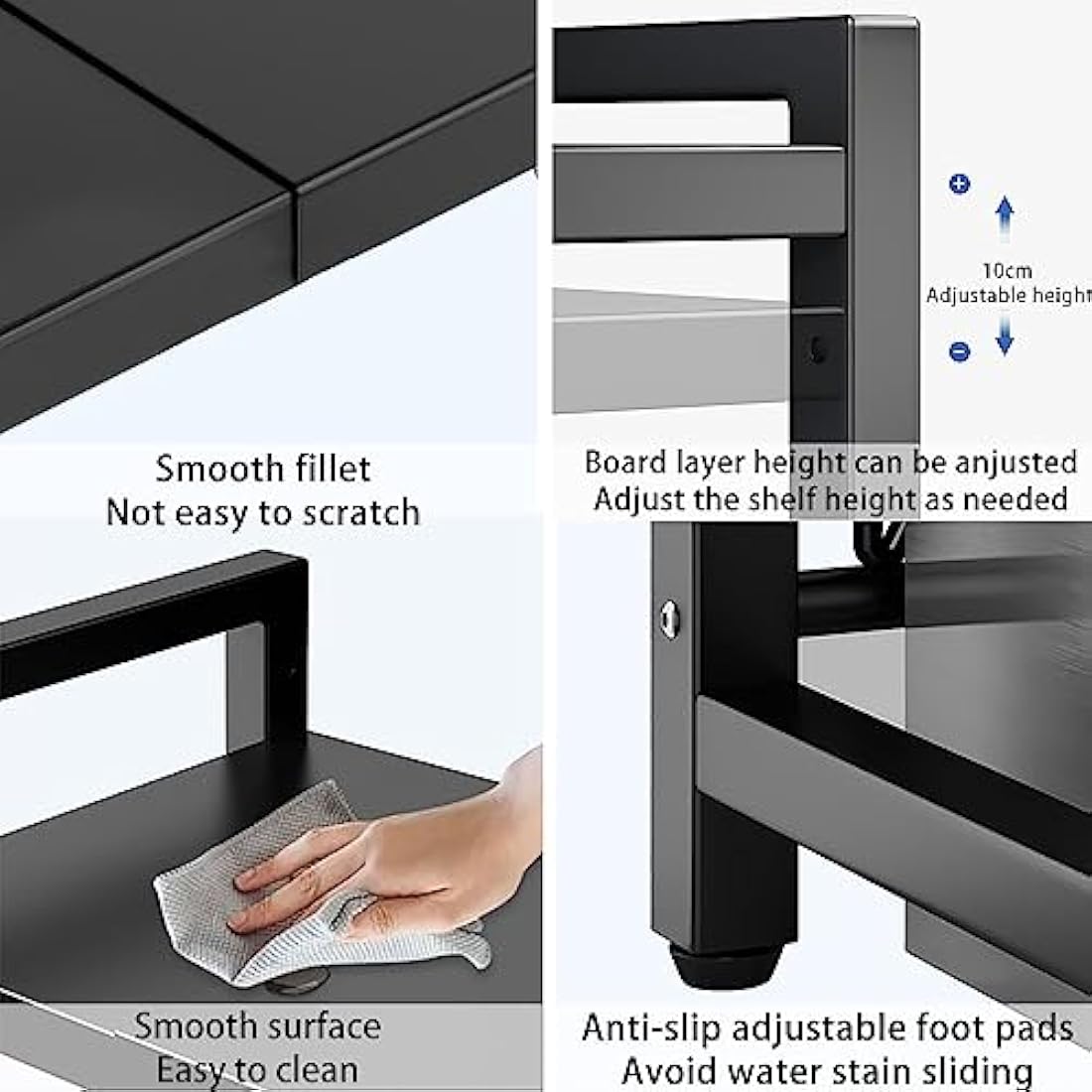 Expandable Microwave Oven Rack 2Tier microwave shelf,with 6 hooks Adjustable Carbon Steel Microwave Shelf,Kitchen Counter Organizer Shelf Stand,Pot Pan Grill Storage Racks, Width 40-64cm Black