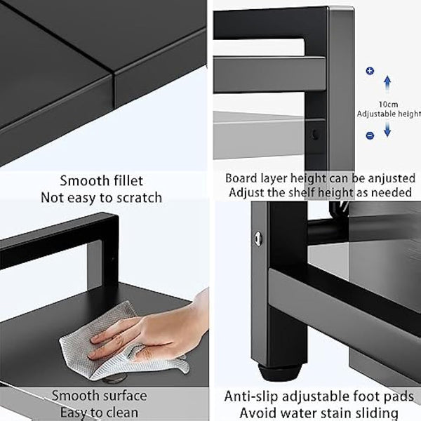Expandable Microwave Oven Rack 2Tier microwave shelf,with 6 hooks Adjustable Carbon Steel Microwave Shelf,Kitchen Counter Organizer Shelf Stand,Pot Pan Grill Storage Racks, Width 40-64cm Black