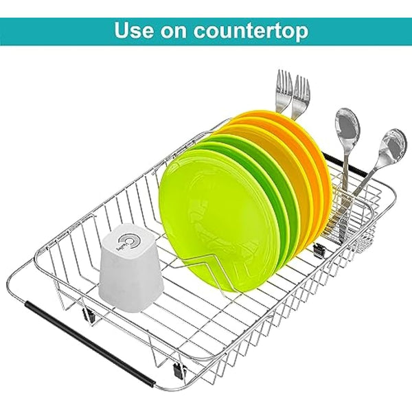 iPEGTOP Expandable Dish Drying Rack Organizer and Utensil Cutlery Holder, 304 Stainless Steel Over Sink Dish Rack, Dish Drainer in Sink or On Counter, Rustproof