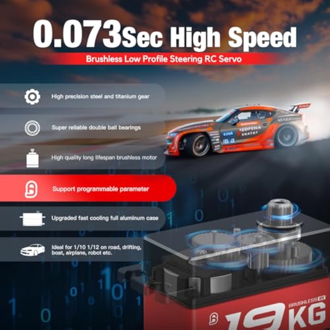 AGFRC 19KG Low-Profile High-Torque Programmable-Digital-Servo - Full Metal Gear CNC Case Brushless Servo for 1/10 RC Models, Control Angle 180° (A50BHL&AGF-SPV3)