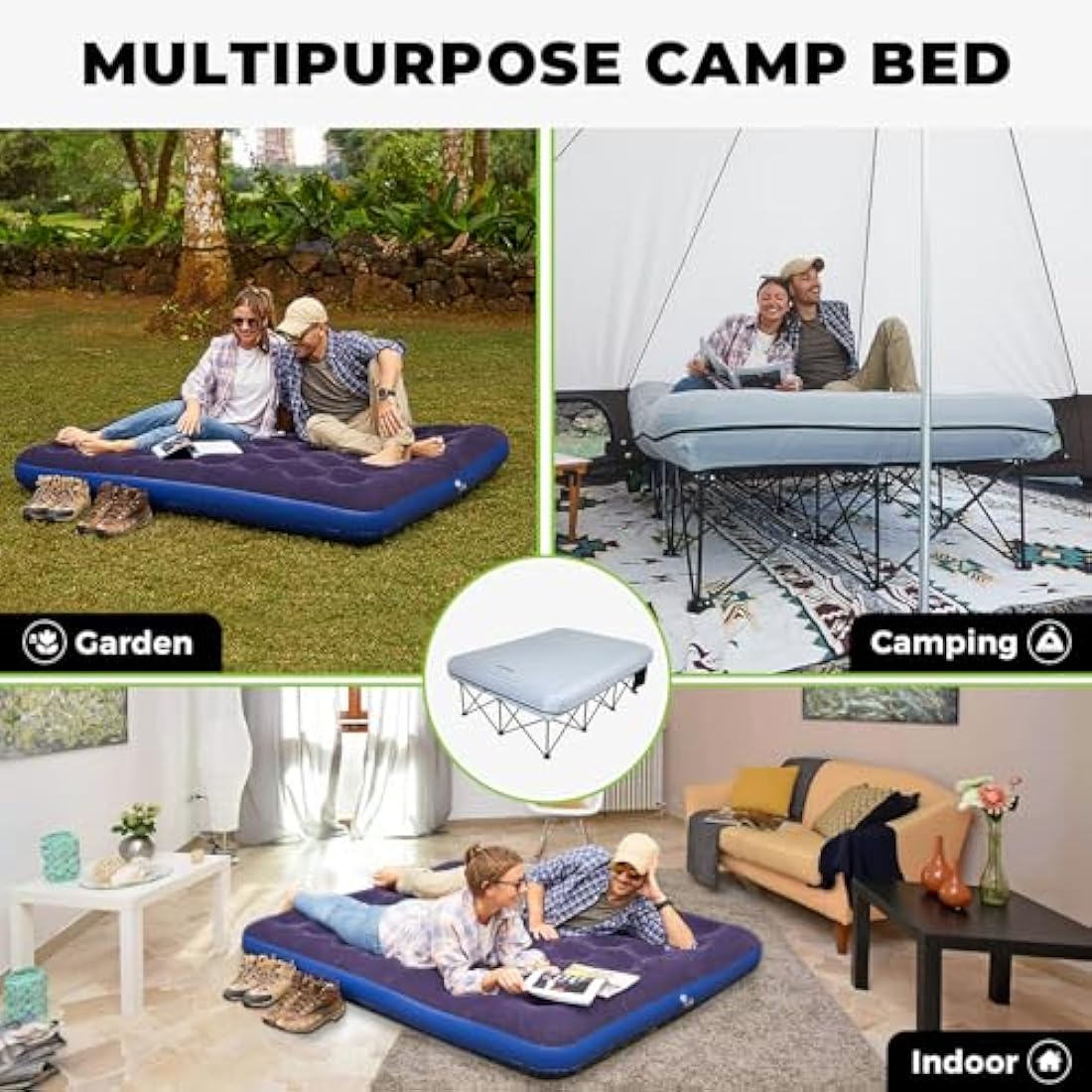 FUNDANGO Camping Beds Double with Air Mattress Folding Camp Beds 2 Person with Mattress Camping Cot Portable Air Bed with Air Pump Side Table Sleeping Cot Guest Bed for Travel Fishing Picnic Indoor