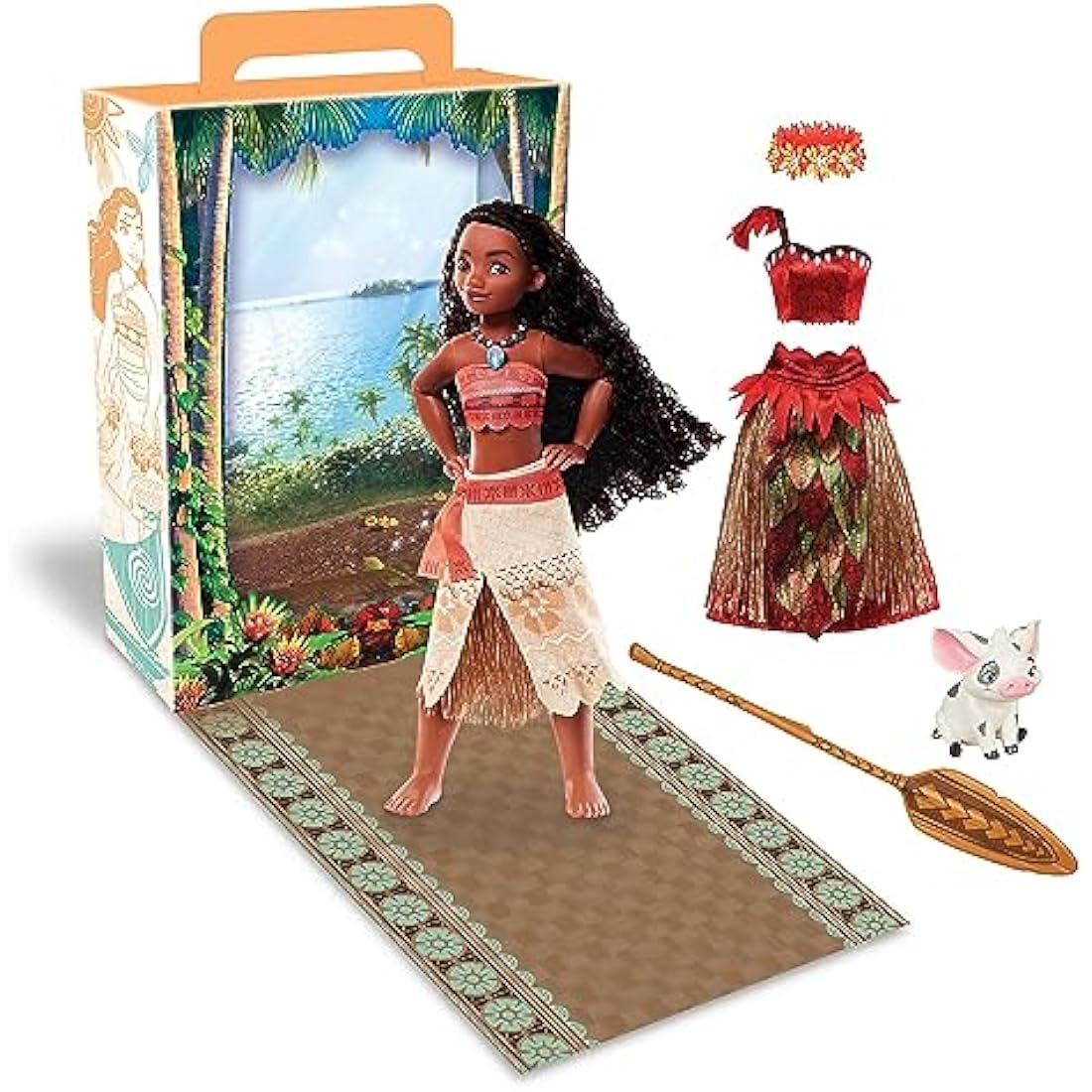 Disney Store Official Moana Story Doll for Kids, 28cm/11”, With Pua, 2 Outfits, Accessories, Colouring & Activity Pack and Box that Folds to a Play Stage, Suitable for Ages 3+