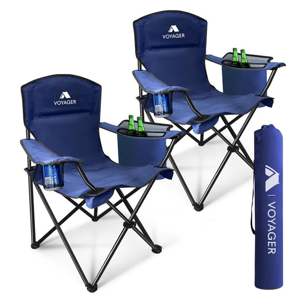 Voyager Folding Camping Chairs 2 Pack with Cooler Bag, Lightweight Q195 Steel Frame, 600D Oxford Fabric, Portable & Comfortable - Black (Black, Padded)