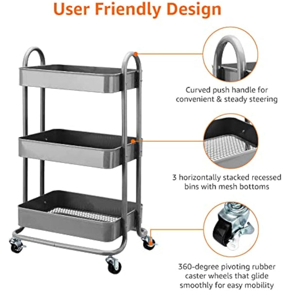 Amazon Basics 3-Tier Rolling Utility or Kitchen Cart - Charcoal
