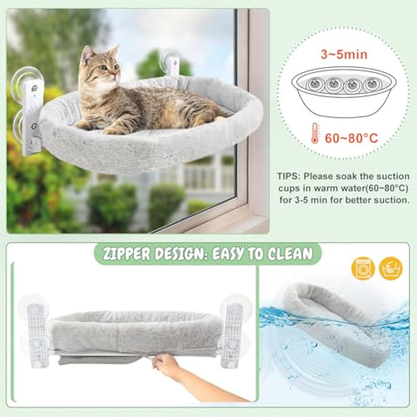GUUSII HOME Cat Hammock Window Perch Foldable Hanging Bed Windowsill Seat Large Cats Shelf with Strong Suction Cups Kitty Lounger Reversible Cover 53 * 30cm Hold Up to 18kg Easy to Assemble(Grey)