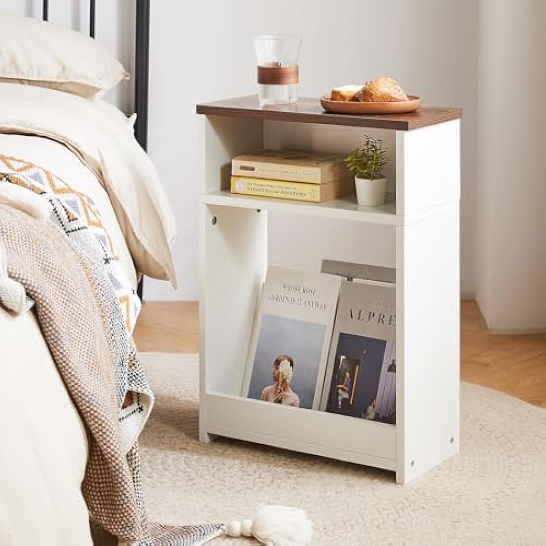 IBUYKE Narrow Side Table with Storage Shelf, 3 Tier Slim End Table for Small Spaces, Wood Small Nightstand with Magazine Rack for Living Room, Bedroom, Sofa, Space Saving, White WST006W