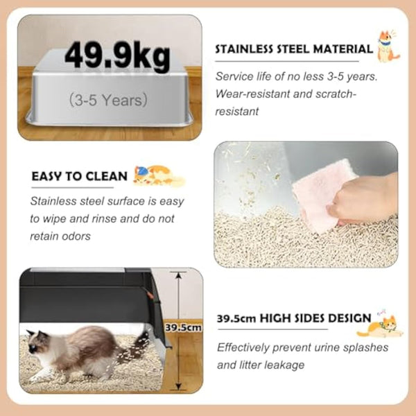 Vivifying Stainless Steel Cat Litter Tray, High-Sided, Removable and Metal Leak-Proof Enclosed Stainless Steel Cat Litter Box with Lid with Scoop, Steps and Mat (Black)