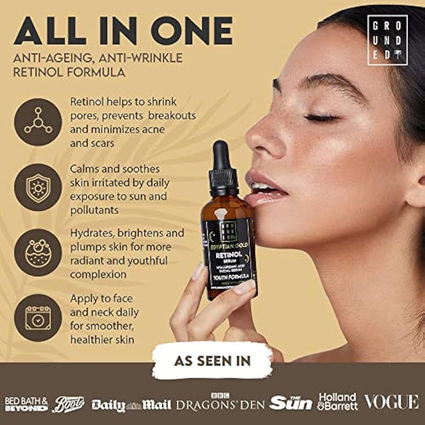 Egyptian Gold Anti Ageing (1%) Retinol Face Serum with Hyaluronic Acid, Vitamin C, Aloe Vera, Vitamin E & Jojoba Seed Oil. High Strength Skin Rejuvenating Formula Suitable for Men & Women - 50ml, UK
