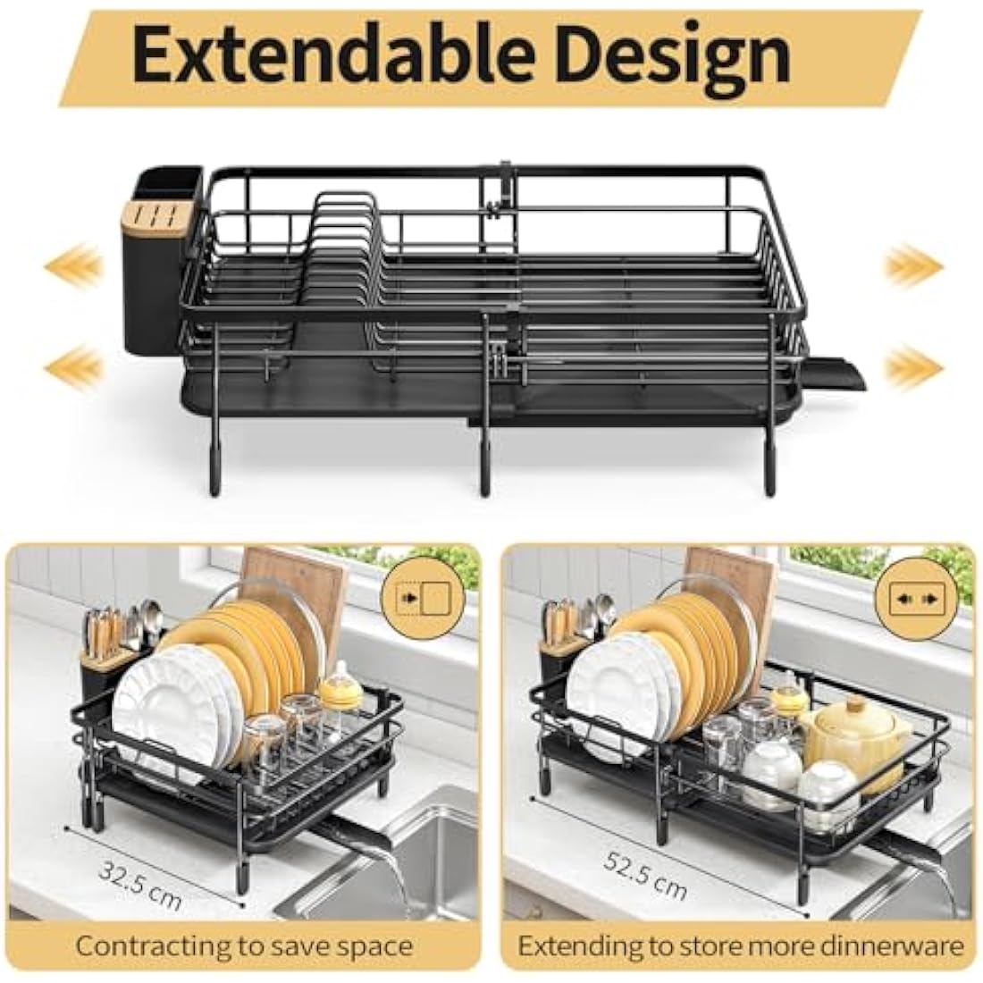 KINGRACK Expandable Dish Drainer Rack,Adjustable Dish Rack,Foldable Dish Drying Rack with Removable Cutlery Holder Swivel Drainage Spout,Anti-Rust Plate Rack for Kitchen 1 Piece