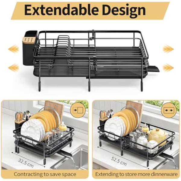 KINGRACK Expandable Dish Drainer Rack,Adjustable Dish Rack,Foldable Dish Drying Rack with Removable Cutlery Holder Swivel Drainage Spout,Anti-Rust Plate Rack for Kitchen 1 Piece