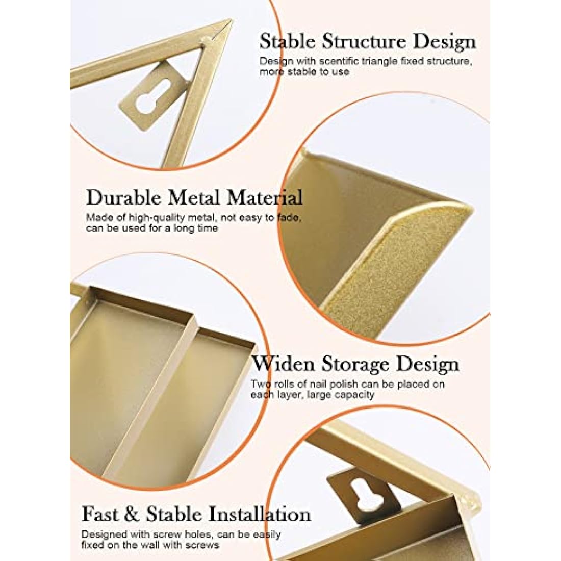 Kalolary Metal Wall-mounted Nail Polish Storage Racks 5 Tiers Gold Triangular Display Rack Cosmetic Display Cases Lipstick Perfume Wall Shelf Essential Oil Organizers for Home Spa Nail Salon Shop