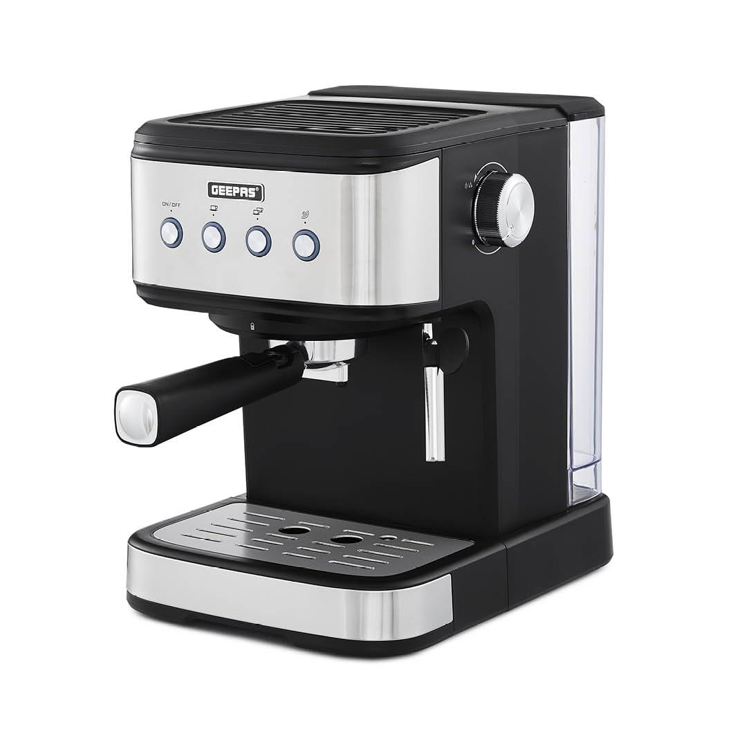 GEEPAS Espresso & Cappuccino Coffee Machine with Milk Frother, 20 Bar Pressure | 1.5L Water Tank Capacity, Stainless Steel Housing | 1100W, Silver, Ideal for Barista Quality Beverages