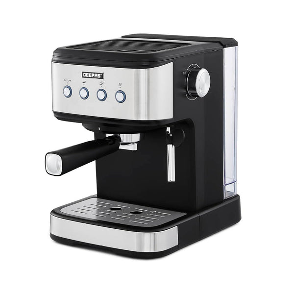GEEPAS Espresso & Cappuccino Coffee Machine with Milk Frother, 20 Bar Pressure | 1.5L Water Tank Capacity, Stainless Steel Housing | 1100W, Silver, Ideal for Barista Quality Beverages
