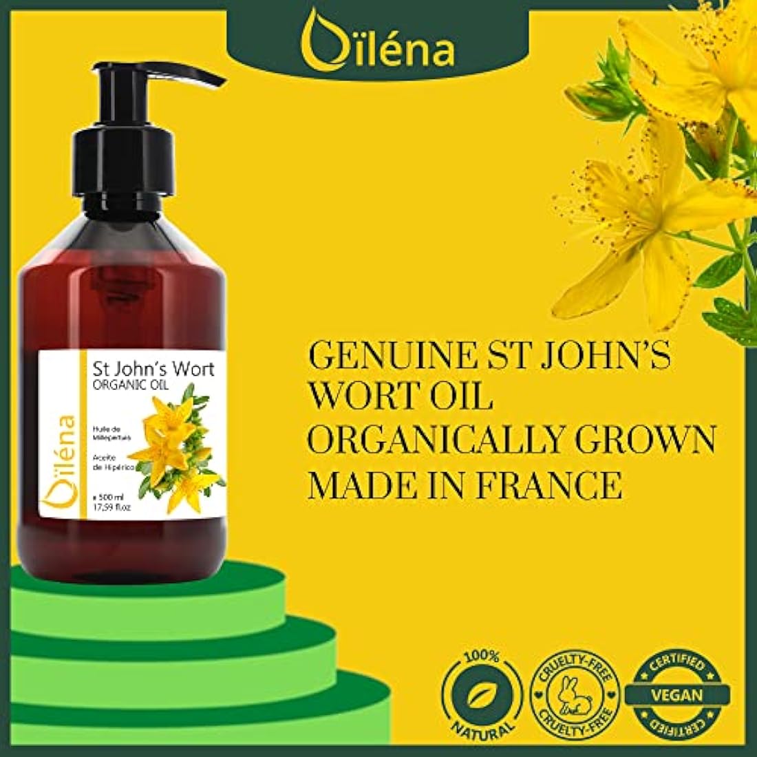 Oïléna - St. John's Wort Hypericum Oil 500 ml | Natural Cold Pressed Massage Oil | Body & Face Relaxing Oil | Anti Stretch Mark & Hydrating Skin Care | Regenerative Skin Oil, 500 ml Pack