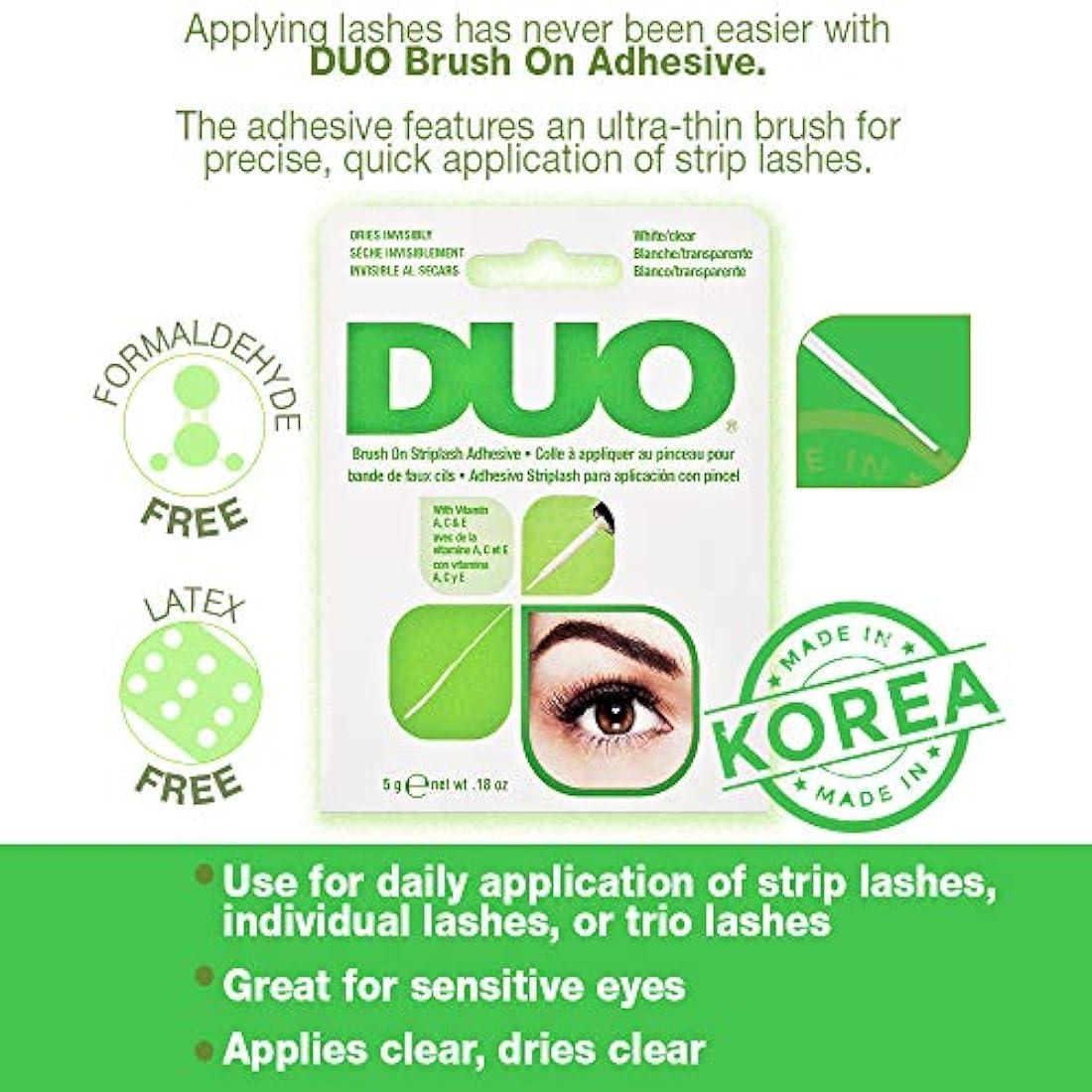 Duo Brush on Clear Lash Glue, Striplash Adhesive with Brush, Latex Free, Rapid Dry, Dries Clear, False Eyelash Glue, 5 g, (Pack of 1)