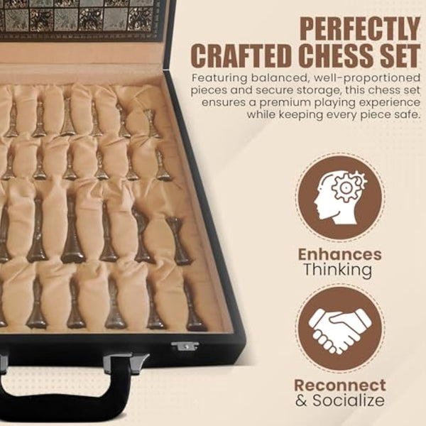 Guruji Divinity Collectible Tribal Warli Art Brass Chess Set in Leather Storage Box. (12 X 12 in)