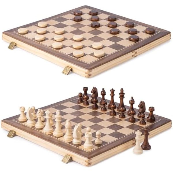 A&A 15" Magnetic Wooden Chess Set/Folding Board / 3" King Height German Knight Staunton Chess Pieces/2 Extra Queen