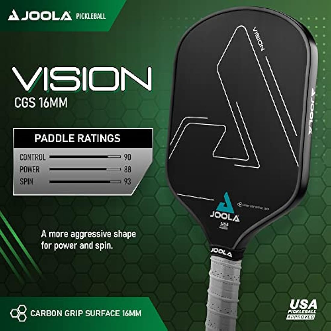 JOOLA Vision Pickleball Paddle with Textured Carbon Grip Surface Technology for Maximum Spin and Control with Added Power - Polypropylene Honeycomb Core Pickleball Racket Available in 14mm and 16mm