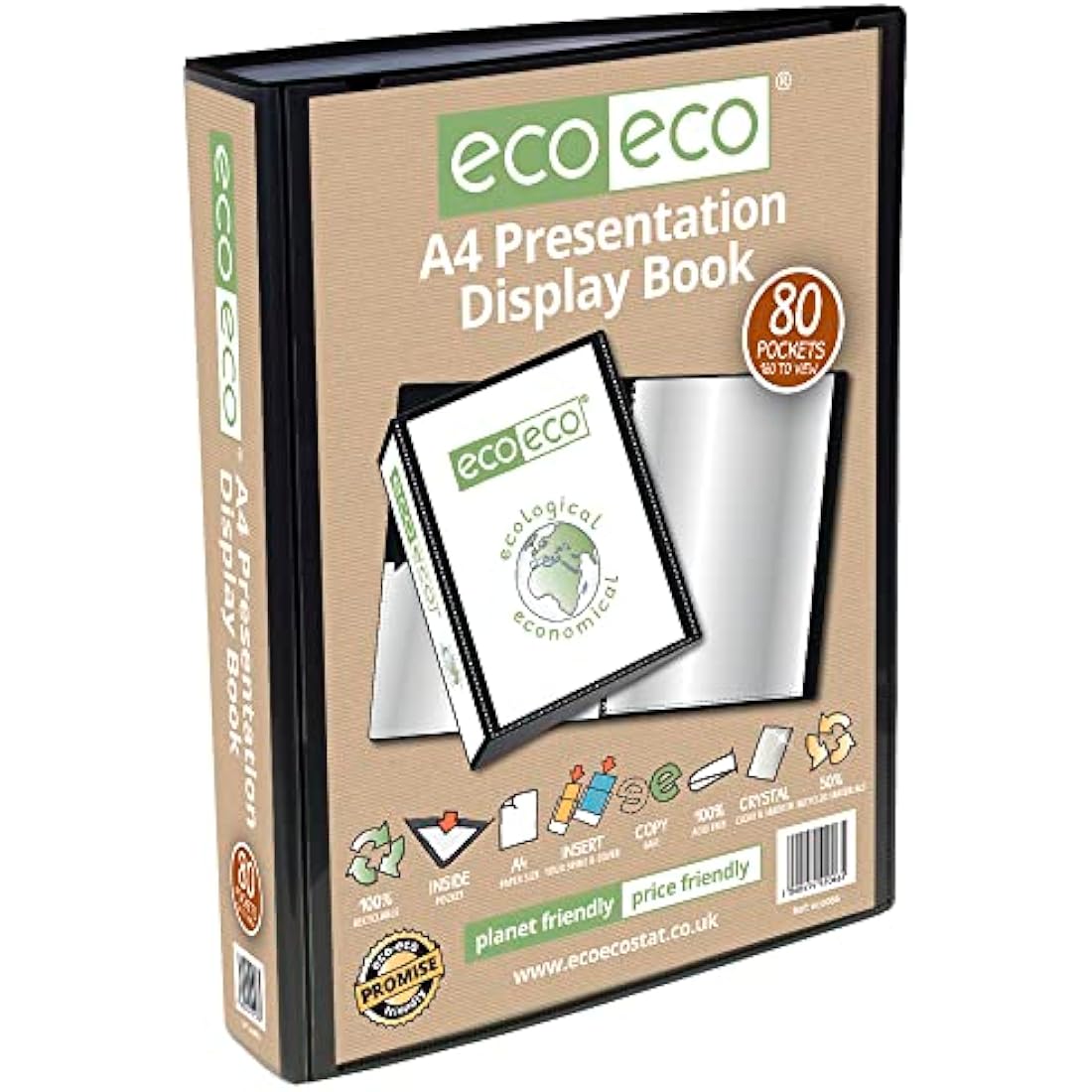 eco-eco A4 Size 50% Recycled 80 Pocket Black Presentation Display Book, Storage Case Portfolio Art Folder with Plastic Sleeves