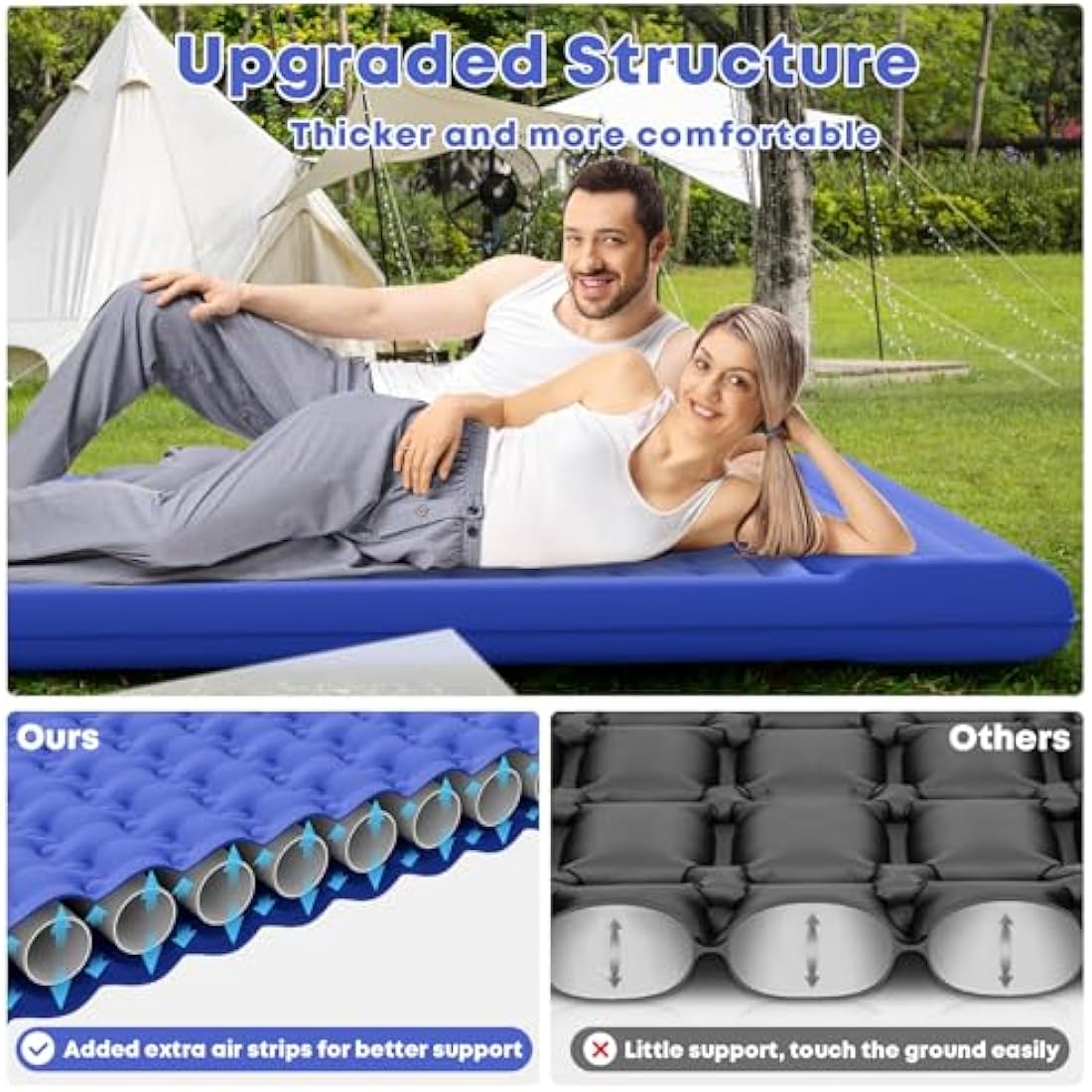 MAMBAKOTR Camping Air Bed 12-15CM Extra Thick, Reinforced Support Structure with Built-in Foot Pump and Pillow Portable Camping Sleeping Mat Air Mattress for Tent Backpacking Hiking Travel