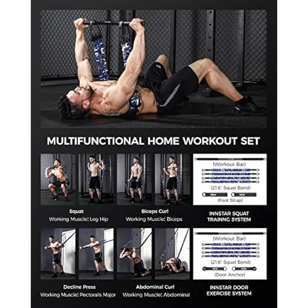 INNSTAR Portable Home Gym Set with Workout Bar, Bench Press Set, Squat Resistance Band, Door Anchor and More-Full Body Workout Equipment to Build Muscle and Shape Body
