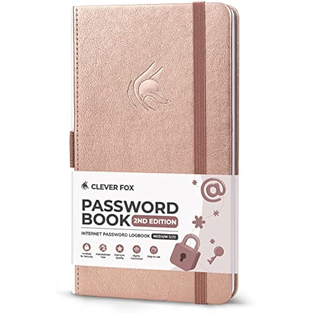 Clever Fox Password Book 2nd Edition – Hardcover Password Keeper with Laminated Alphabetical Tabs – Internet Address Notebook & Login Details Organizer Journal – 10.4x19.3cm (Rose Gold)