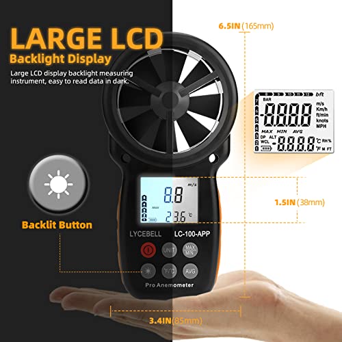 Anemometer Handheld, LC-100-APP Digital Wind Speed Meter APP Connect with Wireless Bluetooth for Measuring Wind Chill, Wind Speed, Temperature, Air
